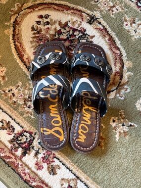 Sam Edelman Black and White Striped Concho Slide Sandals